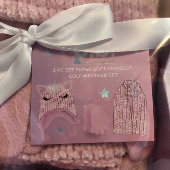 New 3pc Warm Soft Unicorn Pink Chinelle Winter Set: Hat, Scarf, Gloves, Girls - Picture 2 of 2